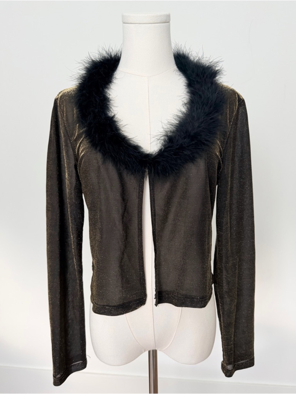 Vintage Y2K Black Shimmer Feather Trim Cardigan